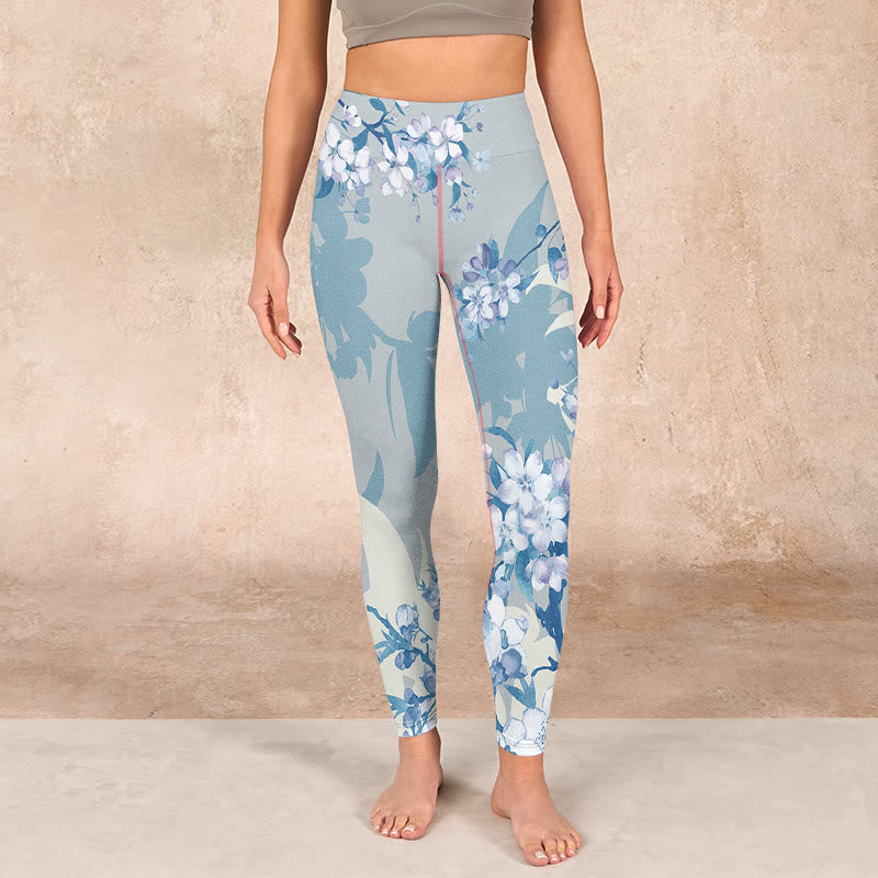 White Blue Flowers Print Gym Leggings Women's Yoga Pants