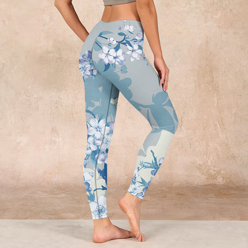 White Blue Flowers Print Gym Leggings Women's Yoga Pants