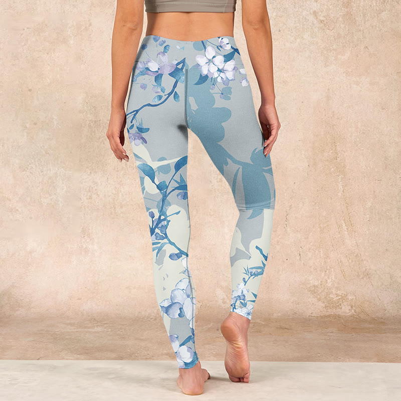 White Blue Flowers Print Gym Leggings Women's Yoga Pants