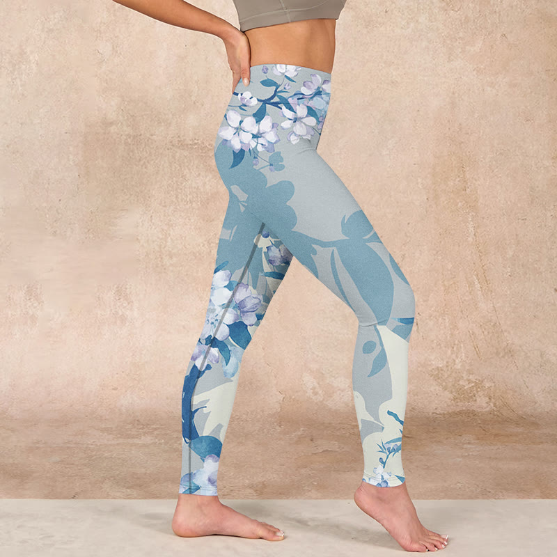 White Blue Flowers Print Gym Leggings Women's Yoga Pants