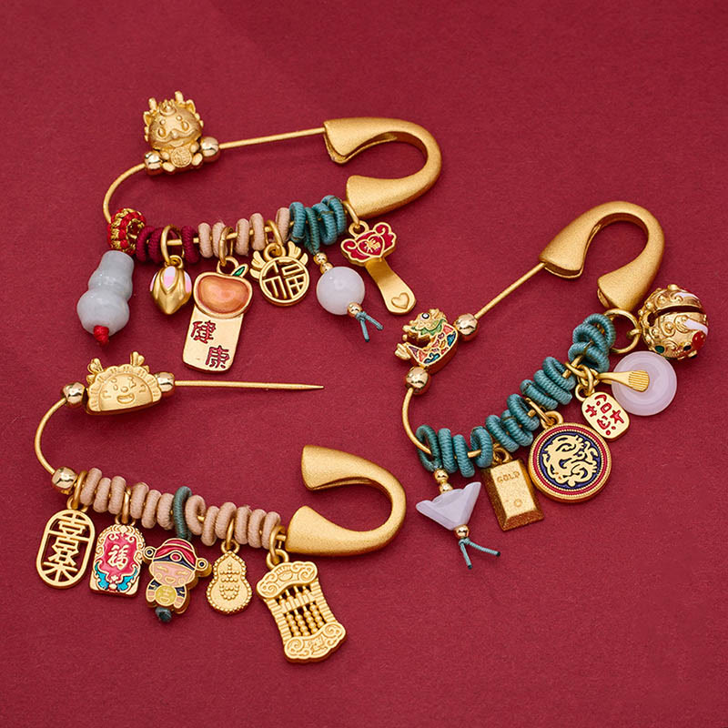 Dragon Fu Character Attract Fortune Brass Protection Brooch