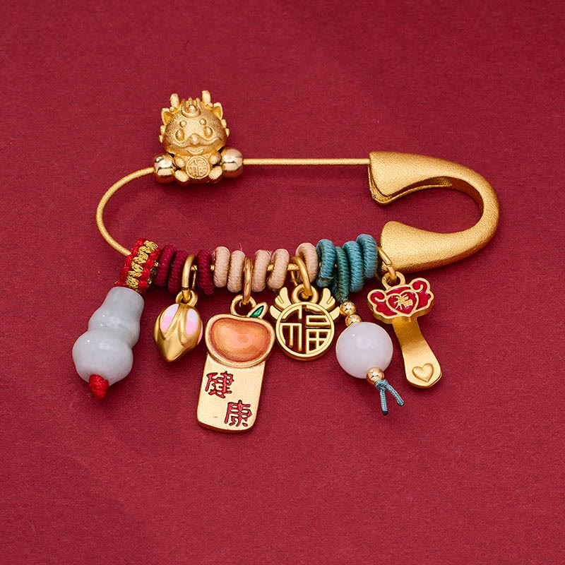 Dragon Fu Character Attract Fortune Brass Protection Brooch