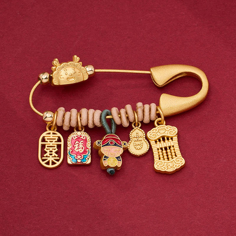 Dragon Fu Character Attract Fortune Brass Protection Brooch