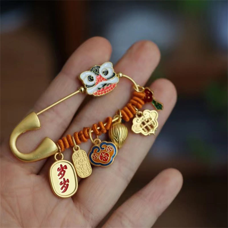 Dancing Lion Lotus Bud Copper Fortune Brooch