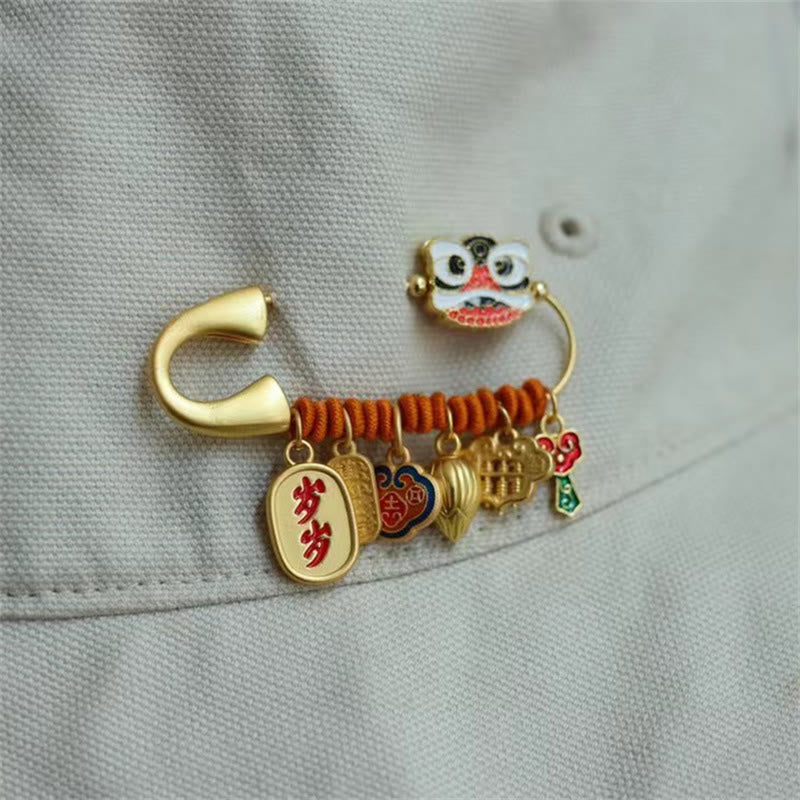 Dancing Lion Lotus Bud Copper Fortune Brooch