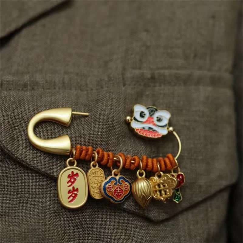 Dancing Lion Lotus Bud Copper Fortune Brooch