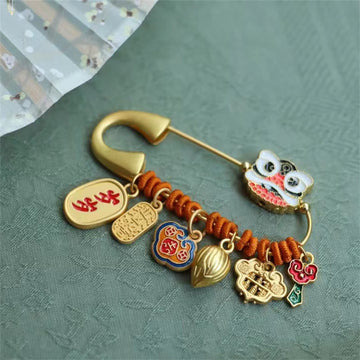 Dancing Lion Lotus Bud Copper Fortune Brooch