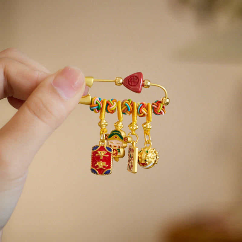 Cinnabar Zongzi Fu Character Caishen God of Wealth Safe And Well Copper Blessing Brooch