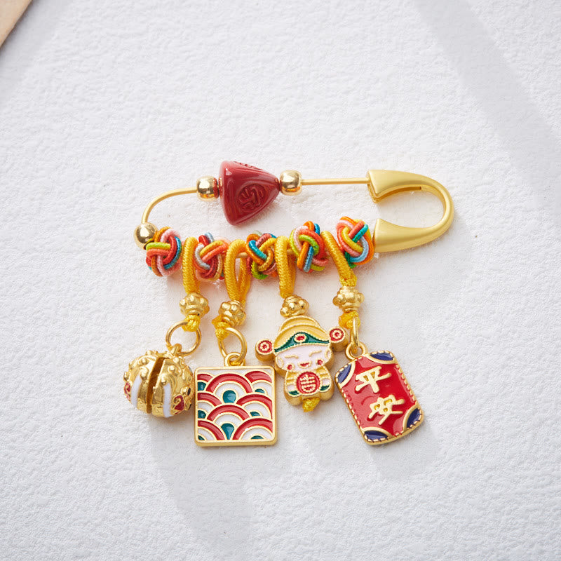 Cinnabar Zongzi Fu Character Caishen God of Wealth Safe And Well Copper Blessing Brooch