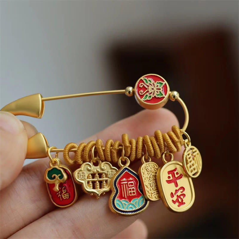 Fu Character Butterfly Safe And Well Brass Fortune Brooch