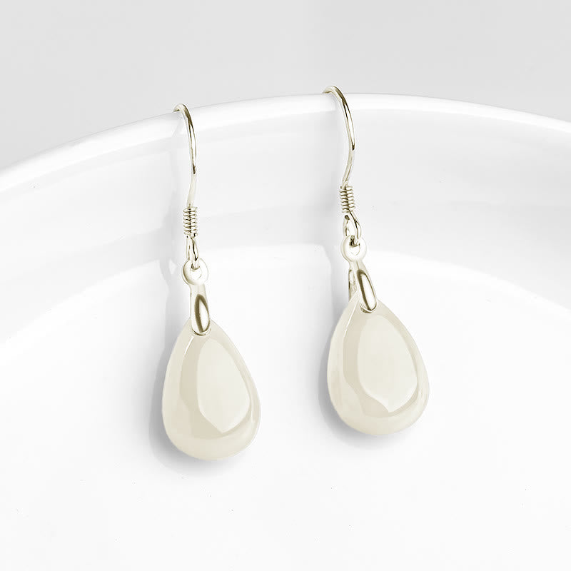 925 Sterling Silver Jade Water Drop Pattern Luck Prosperity Dangle Earrings