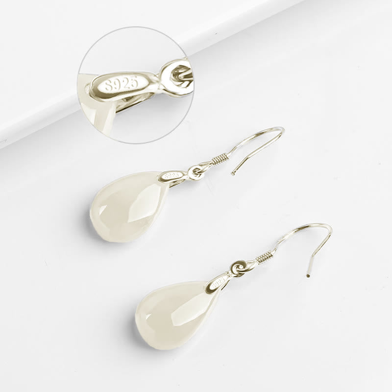 925 Sterling Silver Jade Water Drop Pattern Luck Prosperity Dangle Earrings