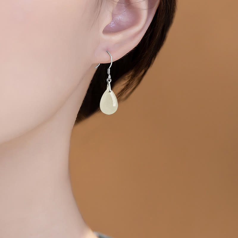 925 Sterling Silver Jade Water Drop Pattern Luck Prosperity Dangle Earrings