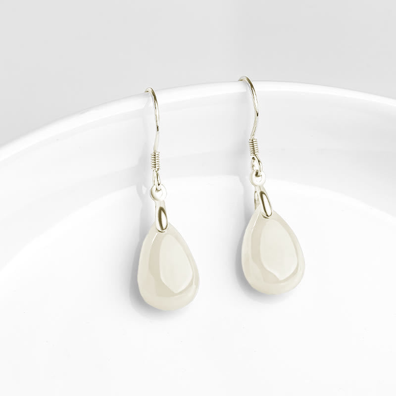 925 Sterling Silver Jade Water Drop Pattern Luck Prosperity Dangle Earrings