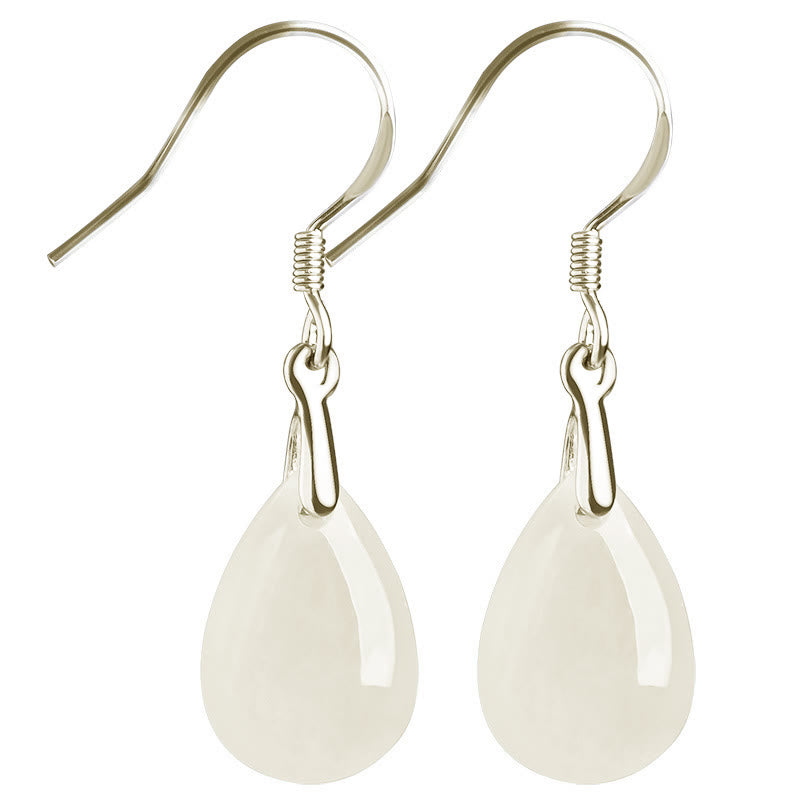925 Sterling Silver Jade Water Drop Pattern Luck Prosperity Dangle Earrings
