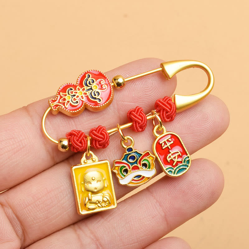 Gourd Dancing Lion Fu Character Safe And Well Blessing Brooch
