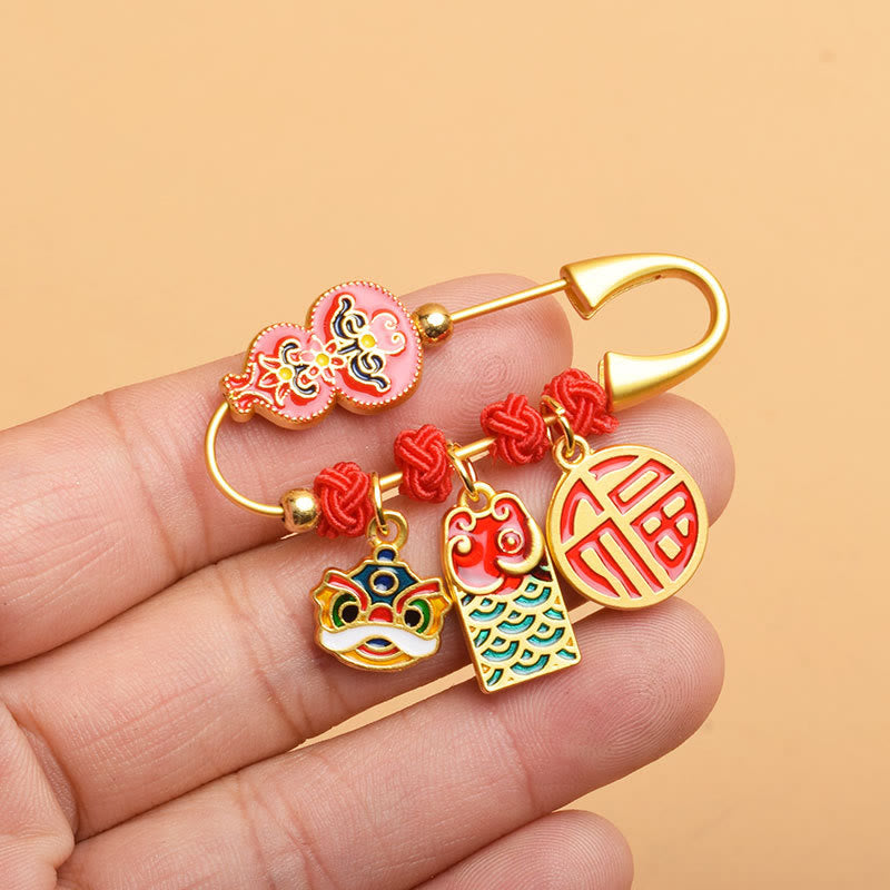 Gourd Dancing Lion Fu Character Safe And Well Blessing Brooch