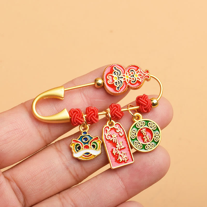 Gourd Dancing Lion Fu Character Safe And Well Blessing Brooch