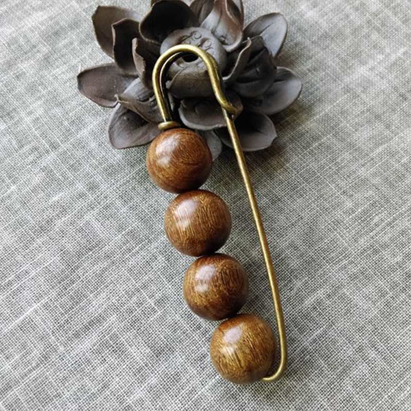 Vintage Sandalwood Agathis Alba Ebony Wood Peltogyne Beads Healing Brooch
