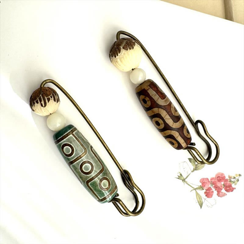 Nine-Eye Dzi Bead Bodhi Seed Lotus Protection Brooch