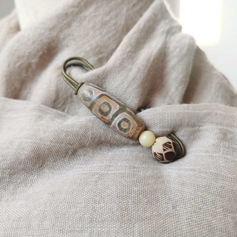 Nine-Eye Dzi Bead Bodhi Seed Lotus Protection Brooch