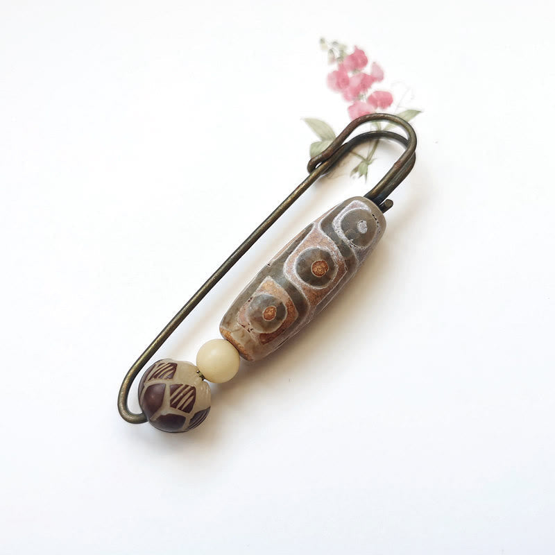 Nine-Eye Dzi Bead Bodhi Seed Lotus Protection Brooch