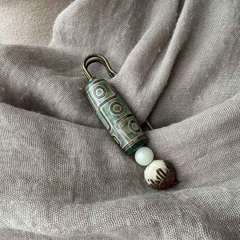 Nine-Eye Dzi Bead Bodhi Seed Lotus Protection Brooch