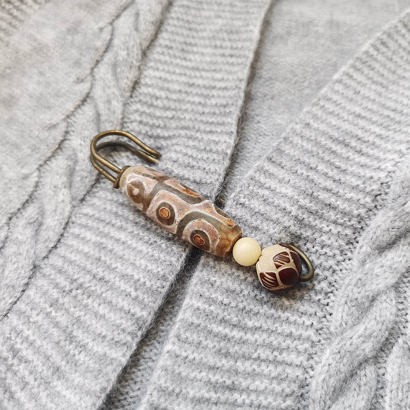 Nine-Eye Dzi Bead Bodhi Seed Lotus Protection Brooch