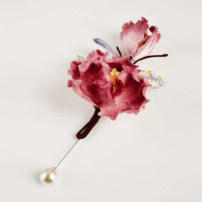 Handmade Velvet Flower Mulberry Silk Red Flower Brooch