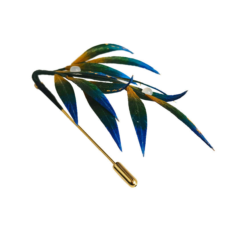 Handmade Velvet Flower Mulberry Silk Green Yellow Blue Leaves Brooch