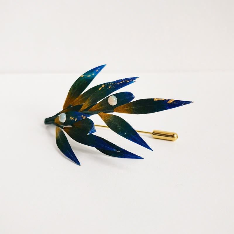 Handmade Velvet Flower Mulberry Silk Green Yellow Blue Leaves Brooch