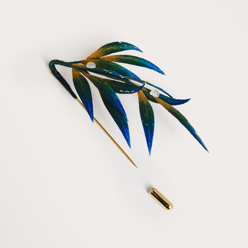 Handmade Velvet Flower Mulberry Silk Green Yellow Blue Leaves Brooch