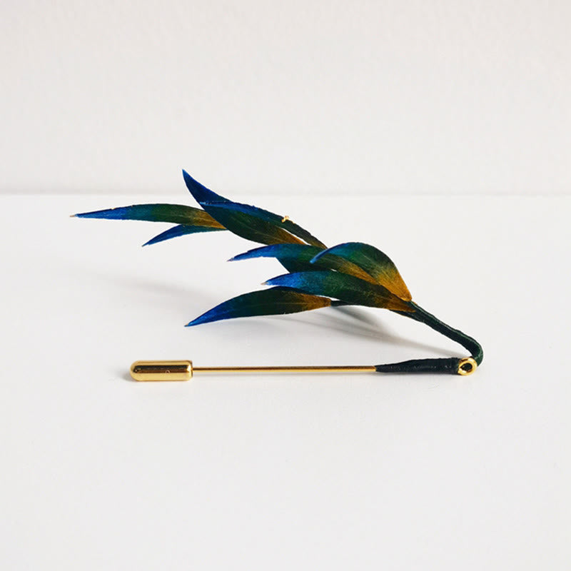 Handmade Velvet Flower Mulberry Silk Green Yellow Blue Leaves Brooch