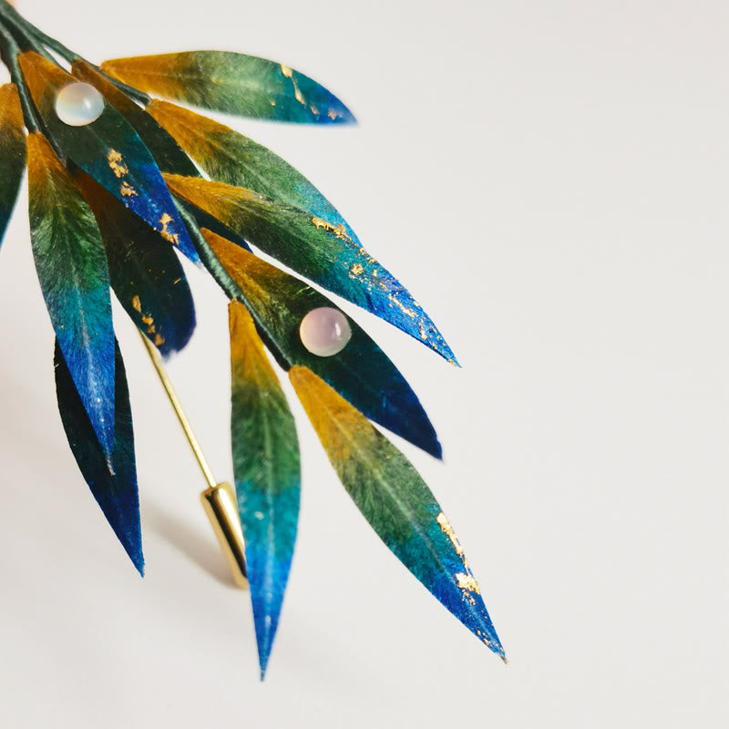 Handmade Velvet Flower Mulberry Silk Green Yellow Blue Leaves Brooch