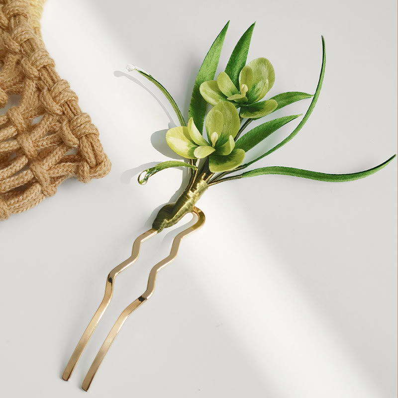 Handmade Velvet Flower Mulberry Silk Green Flowers Leaves Brooch Hairpin