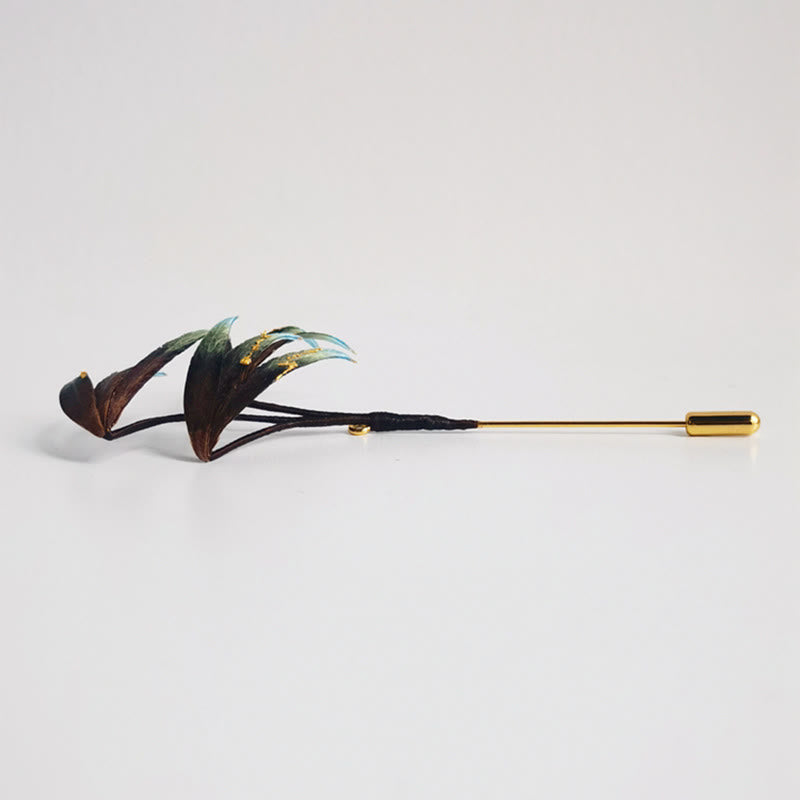 Handmade Velvet Flower Mulberry Silk Green Bamboo Leaves Brooch