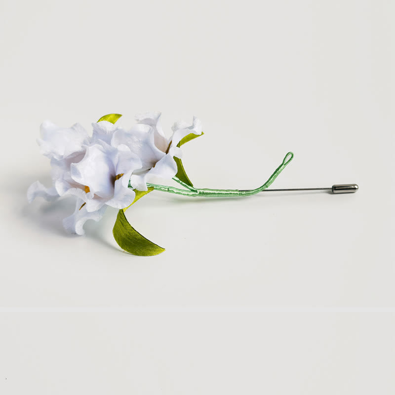 Handmade Velvet Flower Mulberry Silk White Iris Flower Brooch