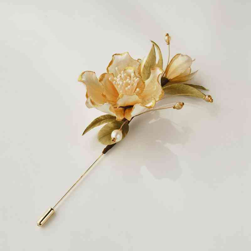 Handmade Velvet Flower Mulberry Silk White Camellia Brooch