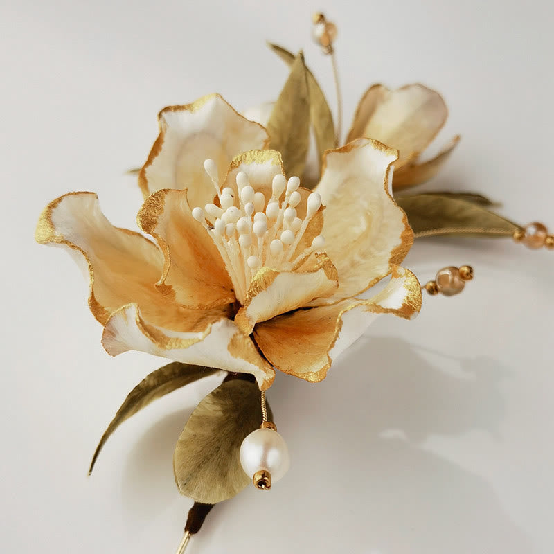 Handmade Velvet Flower Mulberry Silk White Camellia Brooch