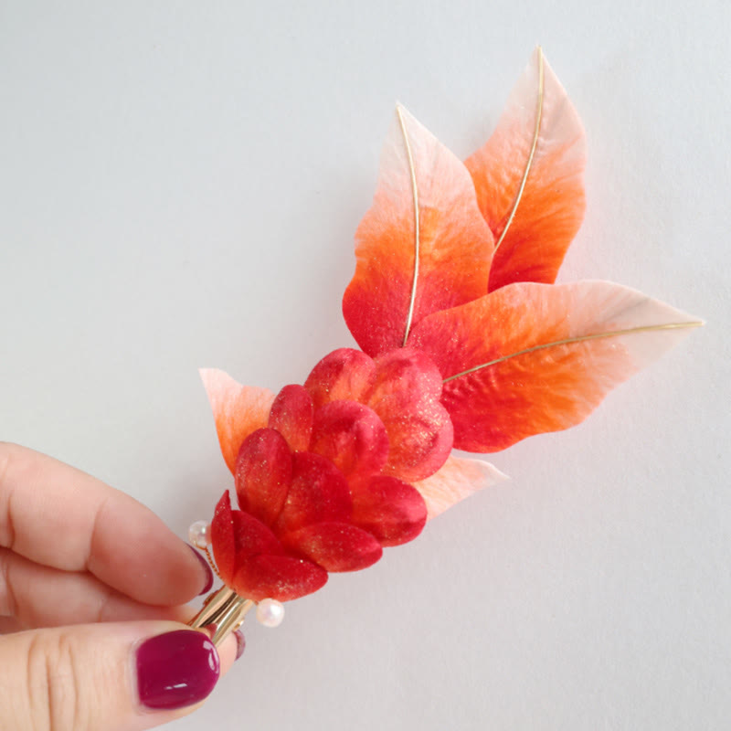 Handmade Yangzhou Velvet Flower Mulberry Silk Red Koi Fish Leaves Brooch Hair Clip