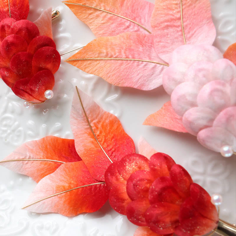 Handmade Yangzhou Velvet Flower Mulberry Silk Red Koi Fish Leaves Brooch Hair Clip