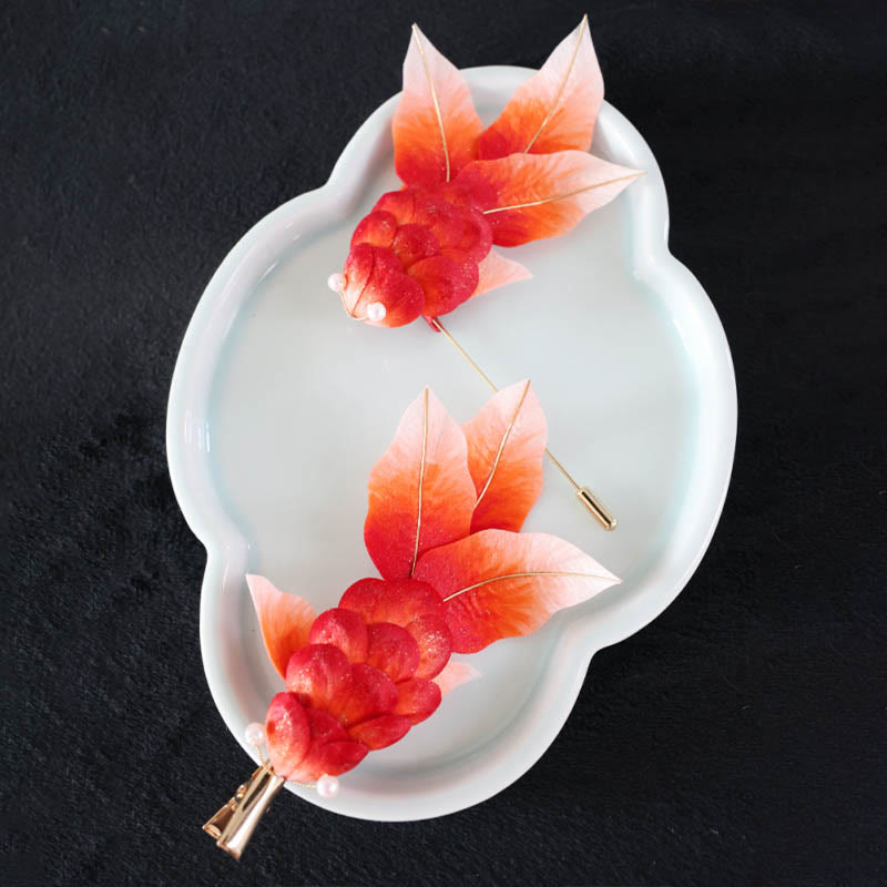Handmade Yangzhou Velvet Flower Mulberry Silk Red Koi Fish Leaves Brooch Hair Clip