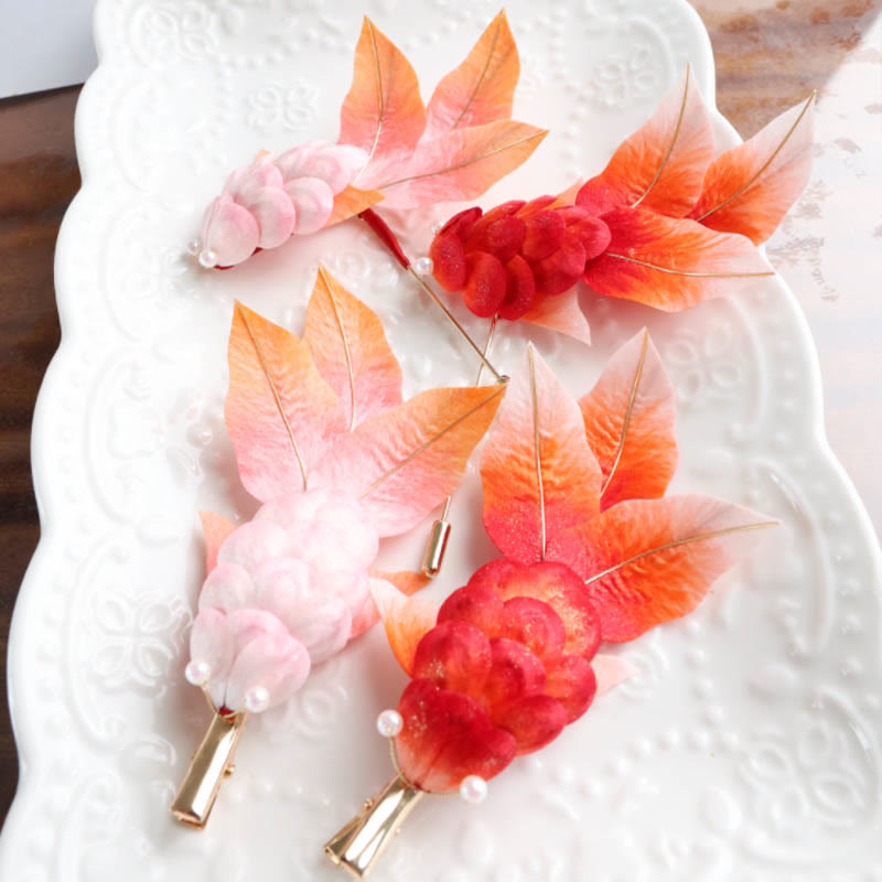 Handmade Yangzhou Velvet Flower Mulberry Silk Red Koi Fish Leaves Brooch Hair Clip