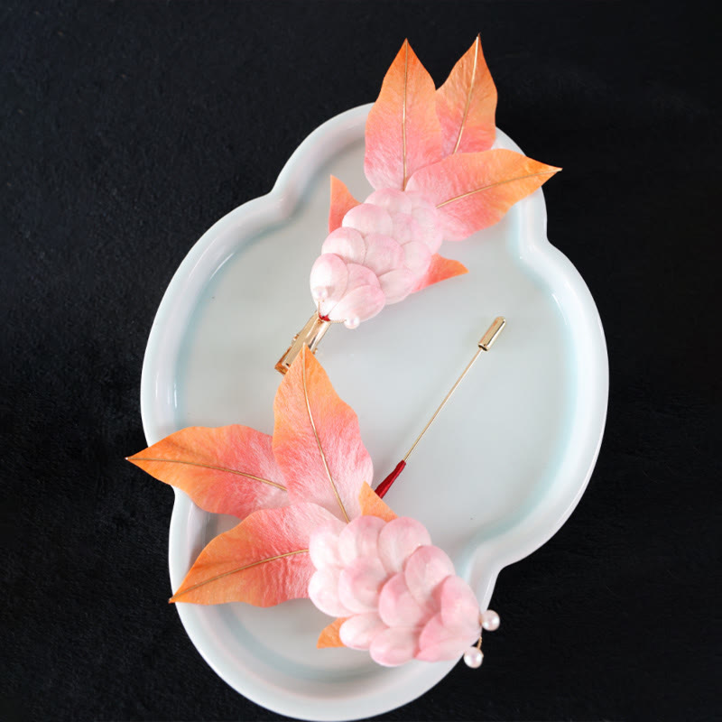 Handmade Yangzhou Velvet Flower Mulberry Silk Red Koi Fish Leaves Brooch Hair Clip