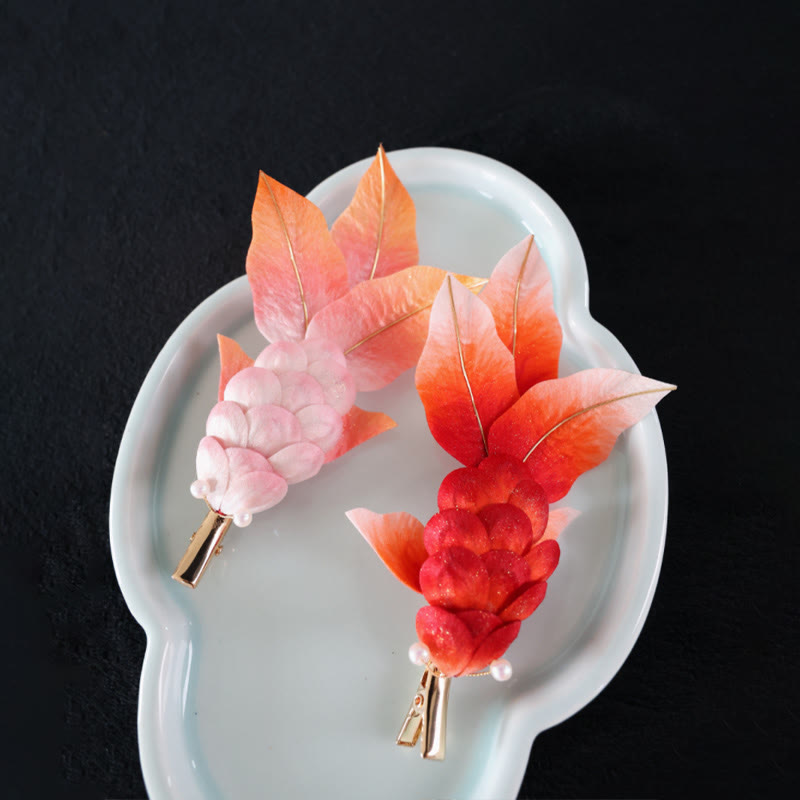 Handmade Yangzhou Velvet Flower Mulberry Silk Red Koi Fish Leaves Brooch Hair Clip