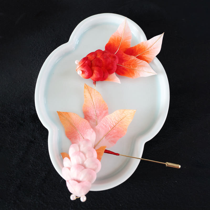 Handmade Yangzhou Velvet Flower Mulberry Silk Red Koi Fish Leaves Brooch Hair Clip