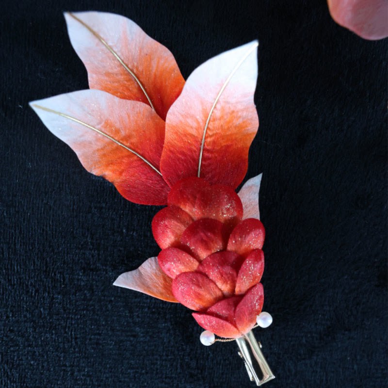Handmade Yangzhou Velvet Flower Mulberry Silk Red Koi Fish Leaves Brooch Hair Clip