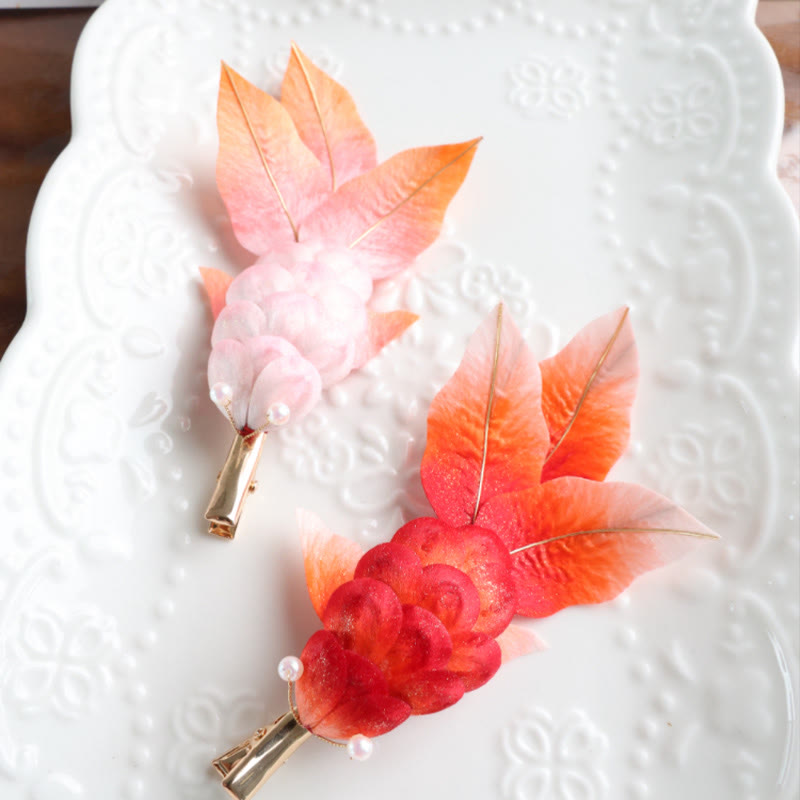 Handmade Yangzhou Velvet Flower Mulberry Silk Red Koi Fish Leaves Brooch Hair Clip