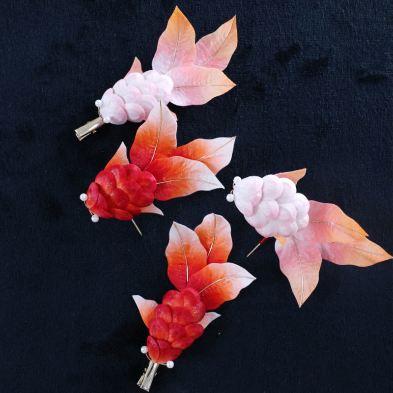 Handmade Yangzhou Velvet Flower Mulberry Silk Red Koi Fish Leaves Brooch Hair Clip