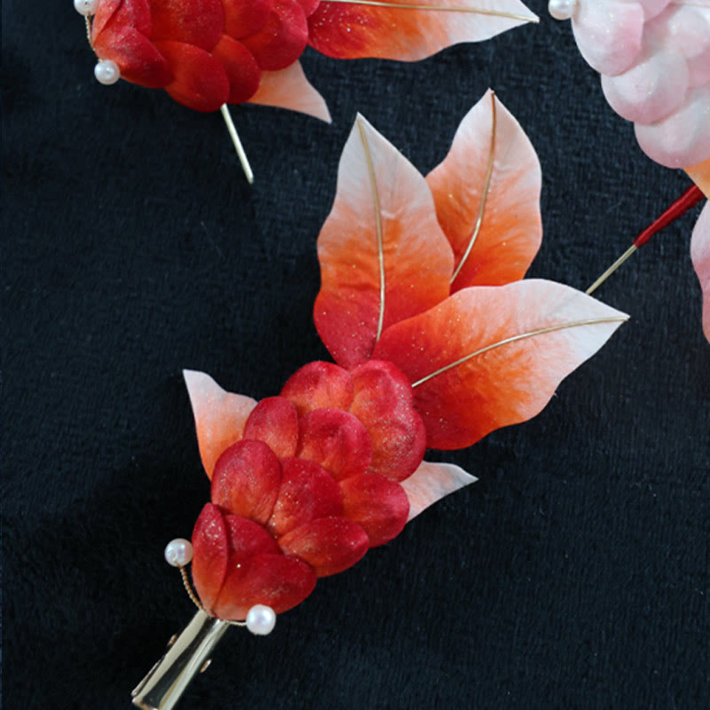 Handmade Yangzhou Velvet Flower Mulberry Silk Red Koi Fish Leaves Brooch Hair Clip